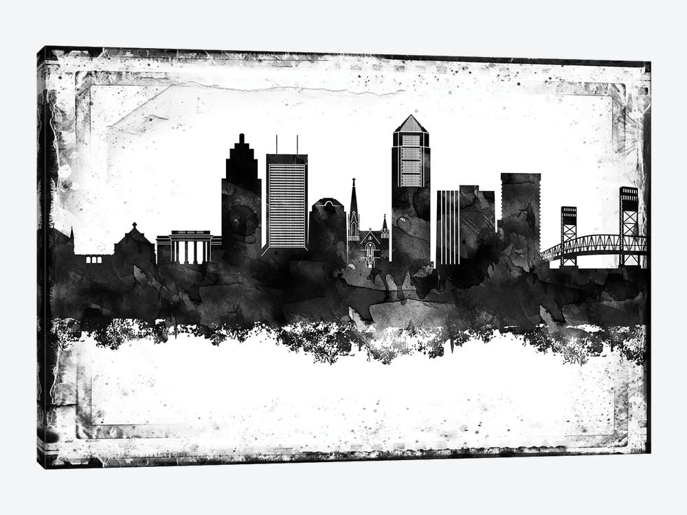 Jacksonville Black And White Framed Skylines by WallDecorAddict 1-piece Canvas Wall Art