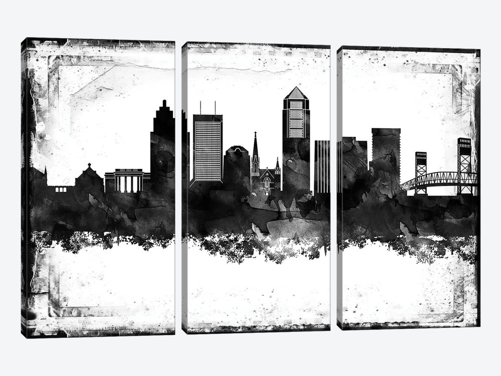 Jacksonville Black And White Framed Skylines by WallDecorAddict 3-piece Canvas Wall Art