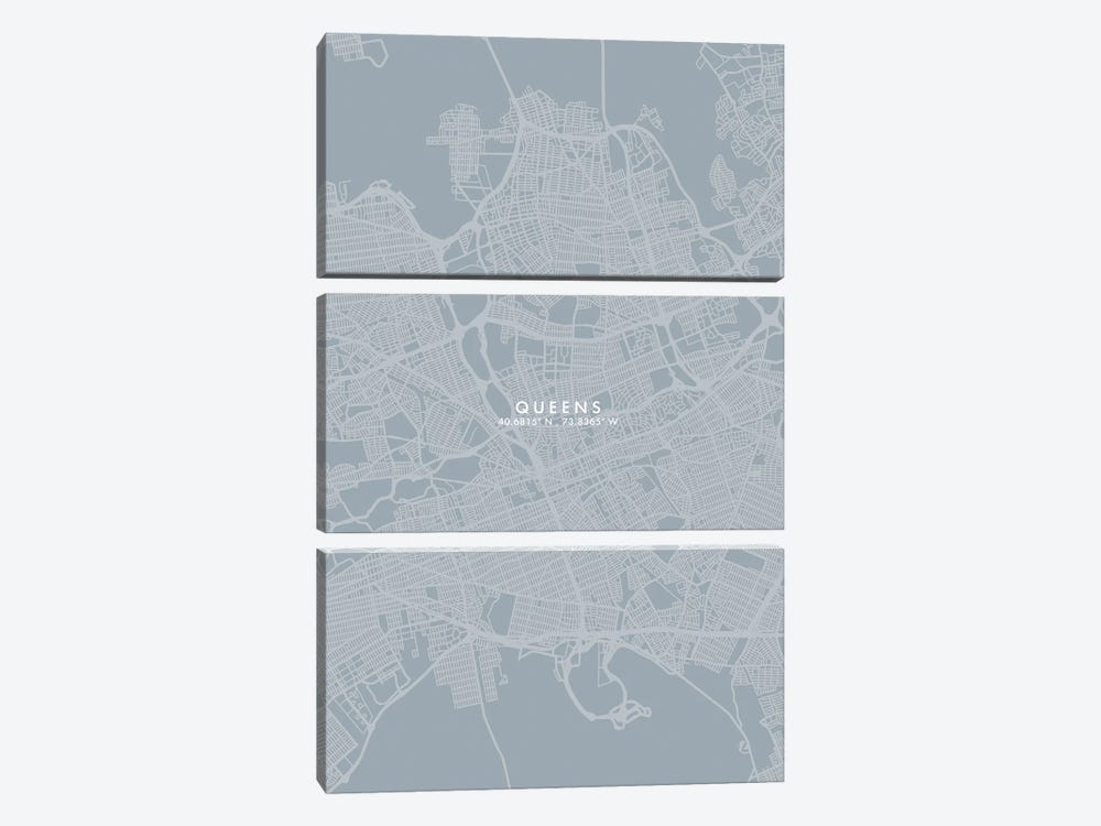 Queens, New York City Map Grey Blue Style by WallDecorAddict 3-piece Art Print