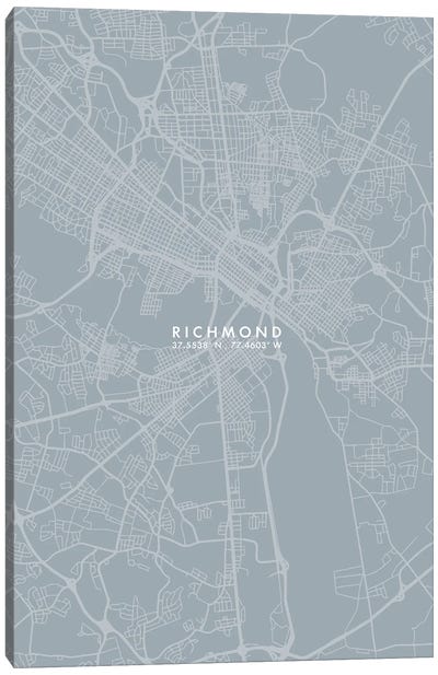 Richmond City Map Grey Blue Style Canvas Art Print - Virginia Art