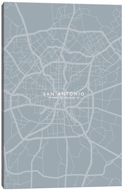 San Antonio City Map Grey Blue Style Canvas Art Print - San Antonio Art