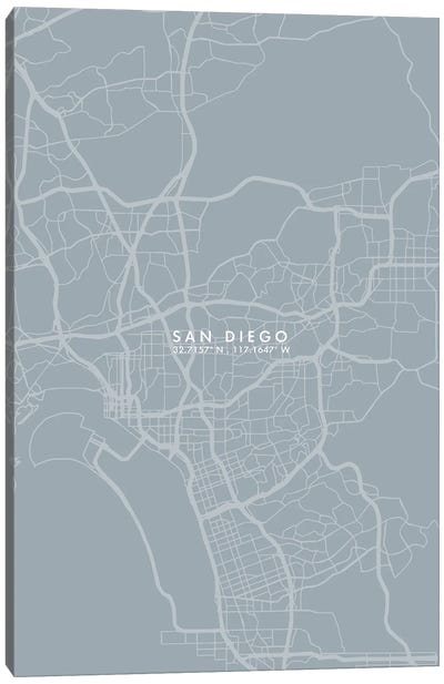 San Diego City Map Grey Blue Style Canvas Art Print - San Diego Maps