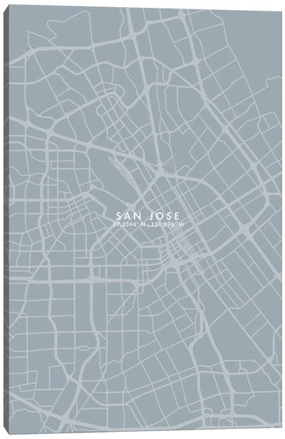 San Jose City Map Grey Blue Style Canvas Art Print - San Jose Art