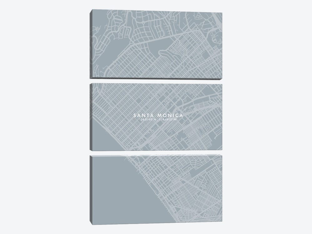 Santa Monica City Map Grey Blue Style by WallDecorAddict 3-piece Canvas Print