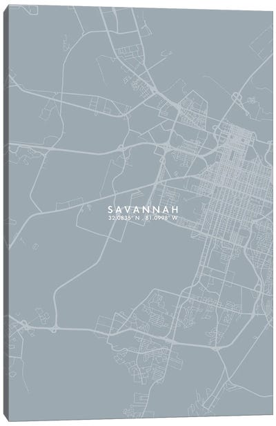 Savannah, Georgia City Map Grey Blue Style Canvas Art Print - Georgia Art