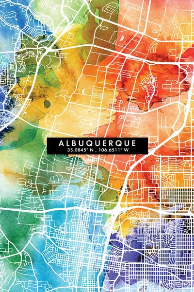 Albuquerque City Map Colorful Watercolor Style by WallDecorAddict framed wall art