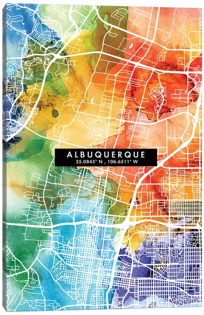 Albuquerque City Map Colorful Watercolor Style Canvas Art Print - New Mexico Art