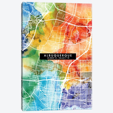 Albuquerque City Map Colorful Watercolor Style Canvas Print #WDA1817} by WallDecorAddict Canvas Wall Art