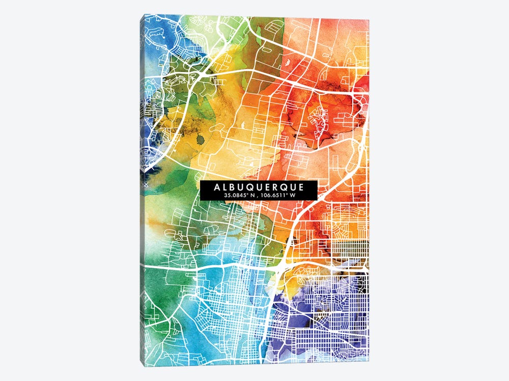 Albuquerque City Map Colorful Watercolor Style by WallDecorAddict 1-piece Canvas Print
