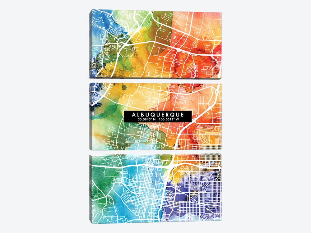 Albuquerque City Map Colorful Watercolor Style by WallDecorAddict 3-piece Art Print