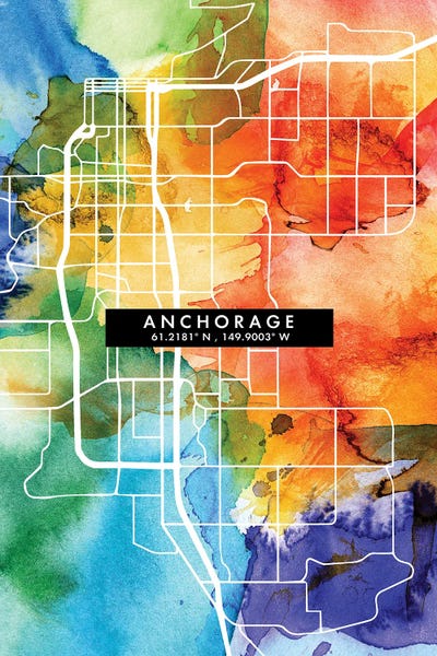 Anchorage City Map Colorful Watercolor Style by WallDecorAddict art print