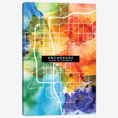 Anchorage City Map Colorful Watercolor Style Canvas Print #WDA1819} by WallDecorAddict Canvas Print