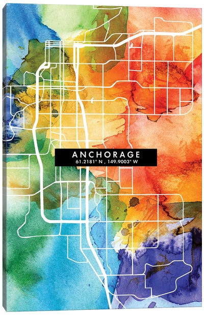 Anchorage City Map Colorful Watercolor Style Canvas Art Print - Alaska Art