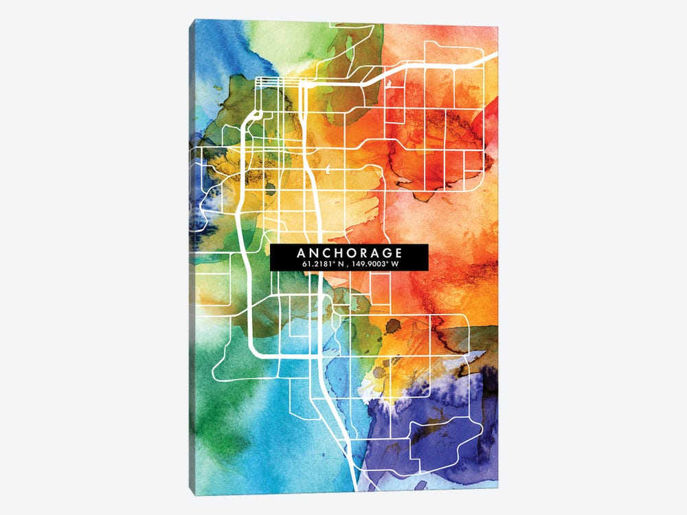 Anchorage City Map Colorful Watercolor Style by WallDecorAddict 1-piece Canvas Art Print