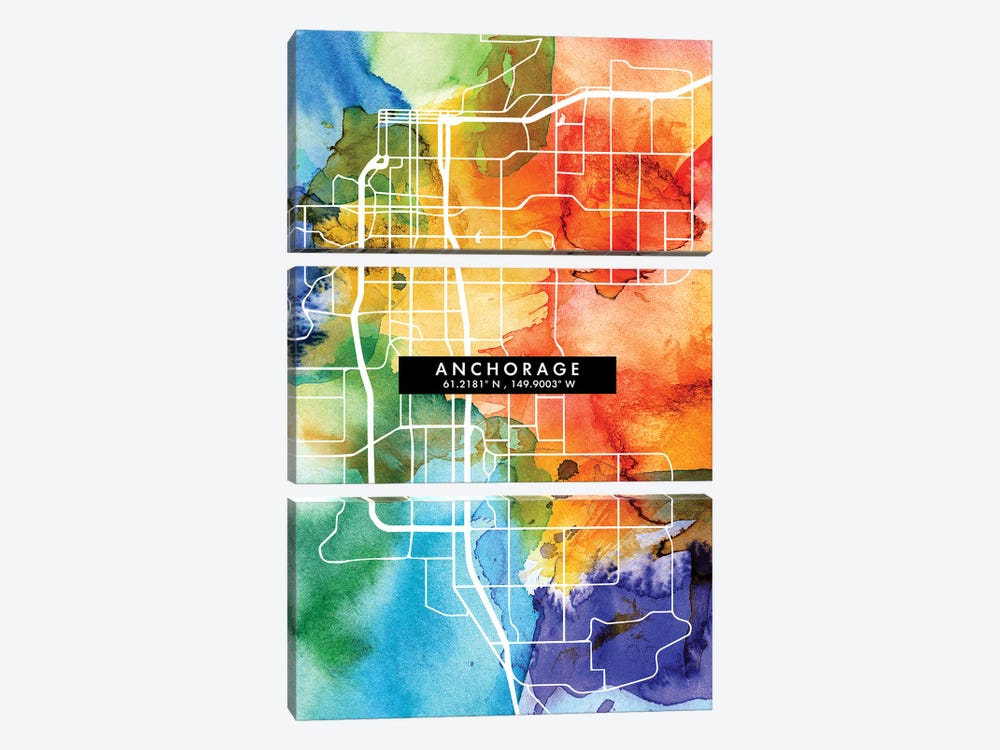 Anchorage City Map Colorful Watercolor Style by WallDecorAddict 3-piece Canvas Print