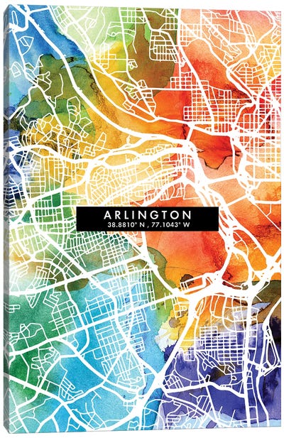 Arlington City Map Colorful Watercolor Style Canvas Art Print - Urban Maps