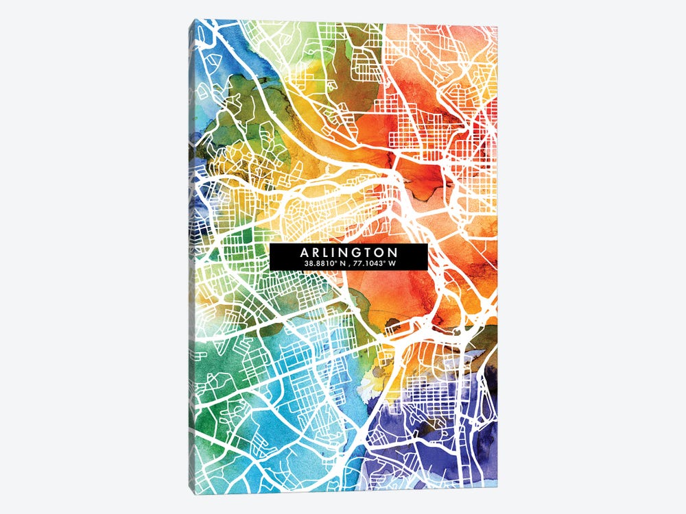 Arlington City Map Colorful Watercolor Style by WallDecorAddict 1-piece Canvas Art Print