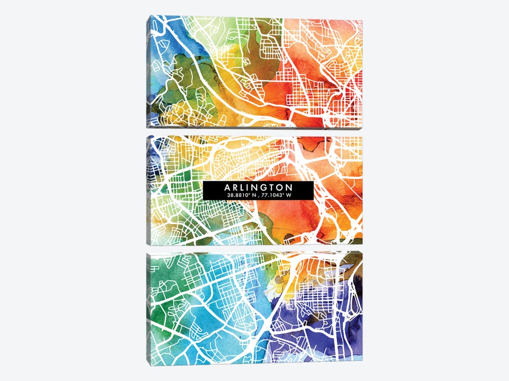 Arlington City Map Colorful Watercolor Style by WallDecorAddict 3-piece Art Print