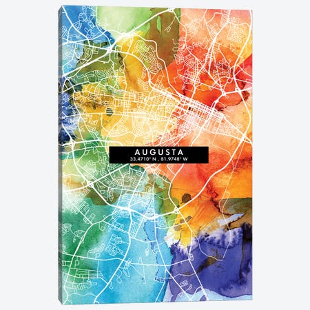 Augusta City Map Colorful Watercolor Style Canvas Print #WDA1821} by WallDecorAddict Canvas Art