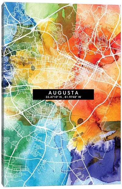 Augusta City Map Colorful Watercolor Style Canvas Art Print - Georgia Art