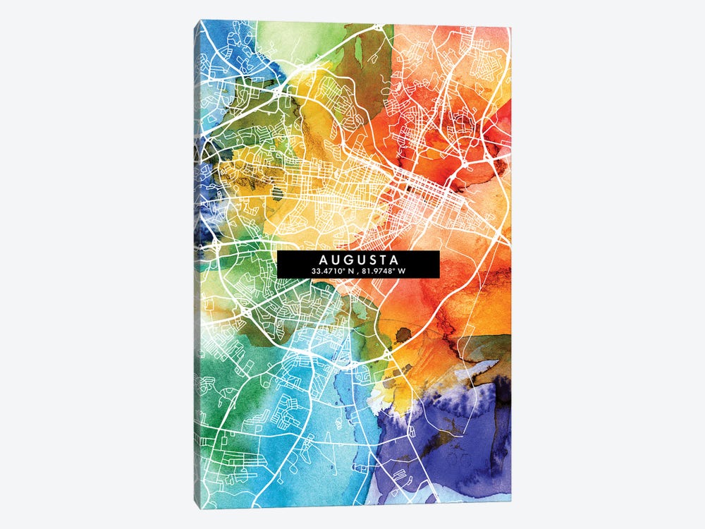 Augusta City Map Colorful Watercolor Style by WallDecorAddict 1-piece Canvas Art