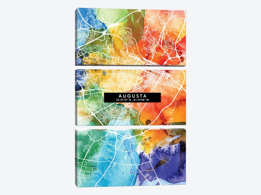 Augusta City Map Colorful Watercolor Style by WallDecorAddict 3-piece Canvas Art