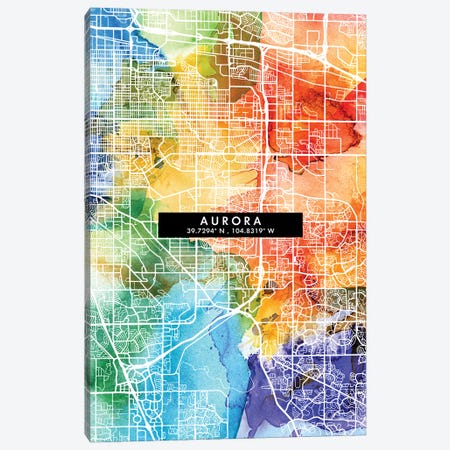 Aurora City Map Colorful Watercolor Style Canvas Print #WDA1822} by WallDecorAddict Canvas Wall Art