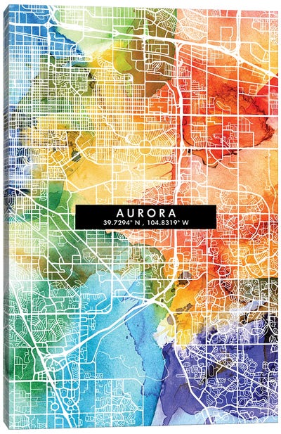 Aurora City Map Colorful Watercolor Style Canvas Art Print - Colorado Art