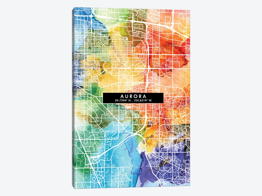 Aurora City Map Colorful Watercolor Style by WallDecorAddict 1-piece Canvas Print