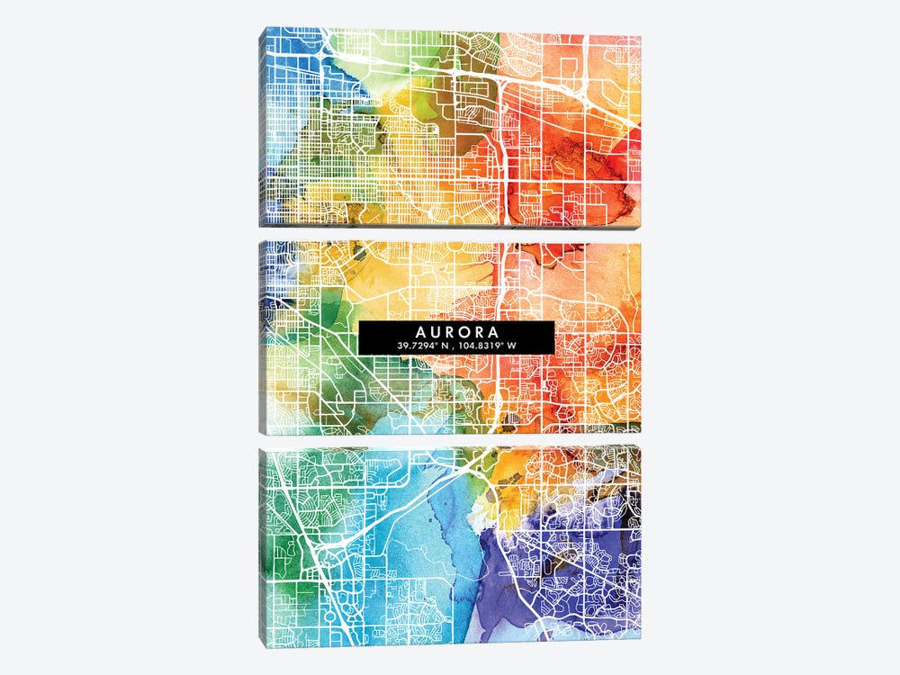 Aurora City Map Colorful Watercolor Style by WallDecorAddict 3-piece Canvas Art Print