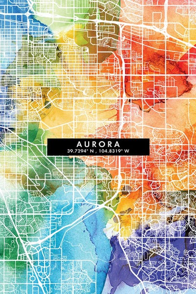 Colorado: Aurora City Map Colorful Watercolor Style by WallDecorAddict