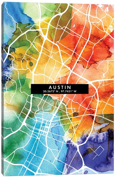 Austin City Map Colorful Watercolor Style Canvas Art Print - Urban Maps