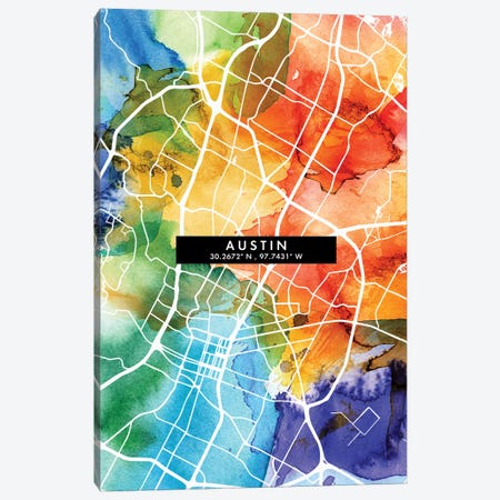 Austin City Map Colorful Watercolor Style Canvas Print #WDA1823} by WallDecorAddict Canvas Art