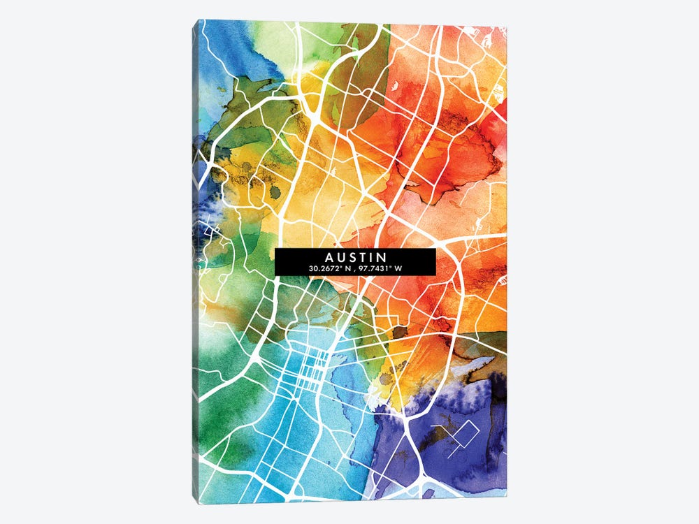 Austin City Map Colorful Watercolor Style by WallDecorAddict 1-piece Canvas Art