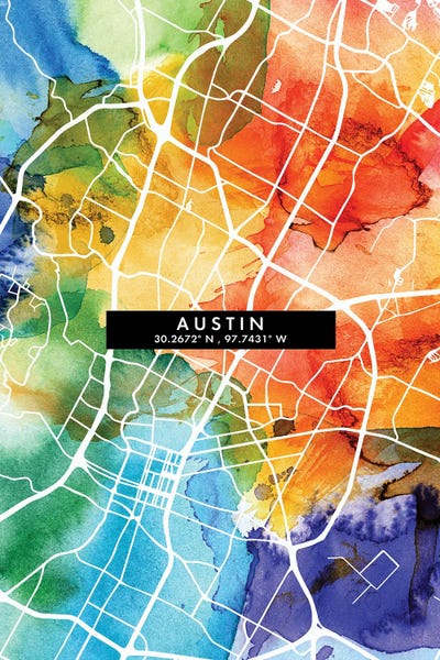 Urban Maps: Austin City Map Colorful Watercolor Style by WallDecorAddict