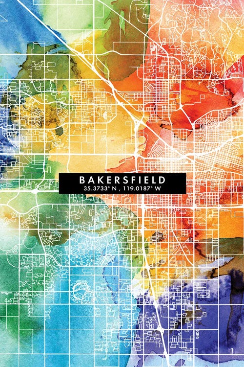 Bakersfield City Map Colorful Watercolor Style by WallDecorAddict wall art