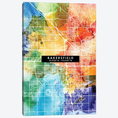 Bakersfield City Map Colorful Watercolor Style Canvas Print #WDA1824} by WallDecorAddict Canvas Art Print