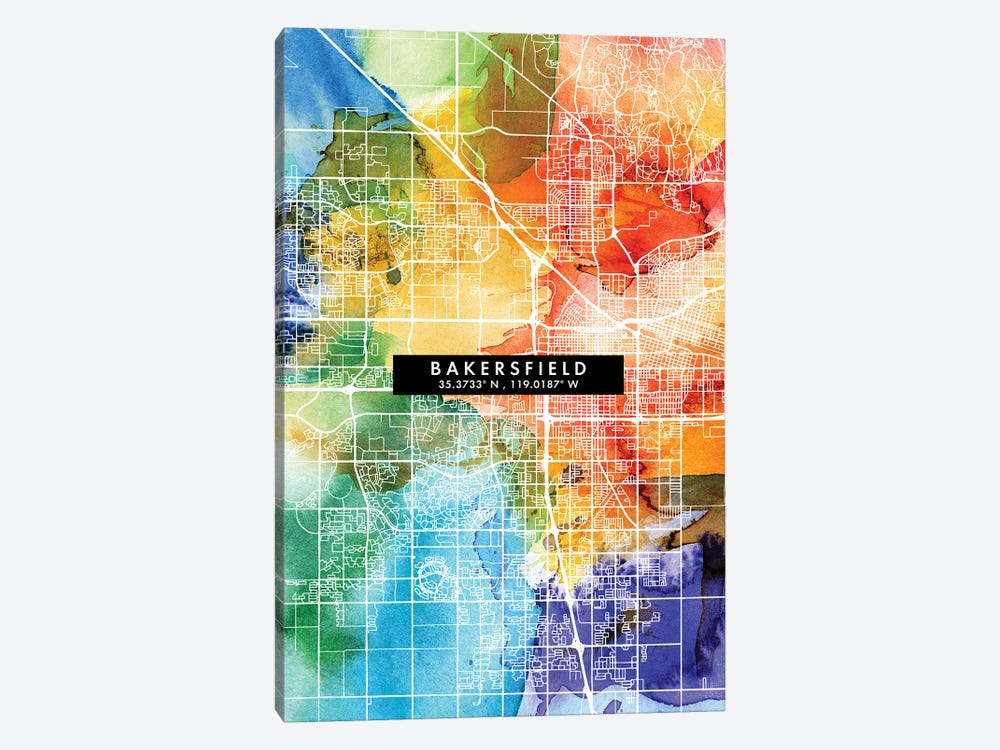 Bakersfield City Map Colorful Watercolor Style by WallDecorAddict 1-piece Art Print
