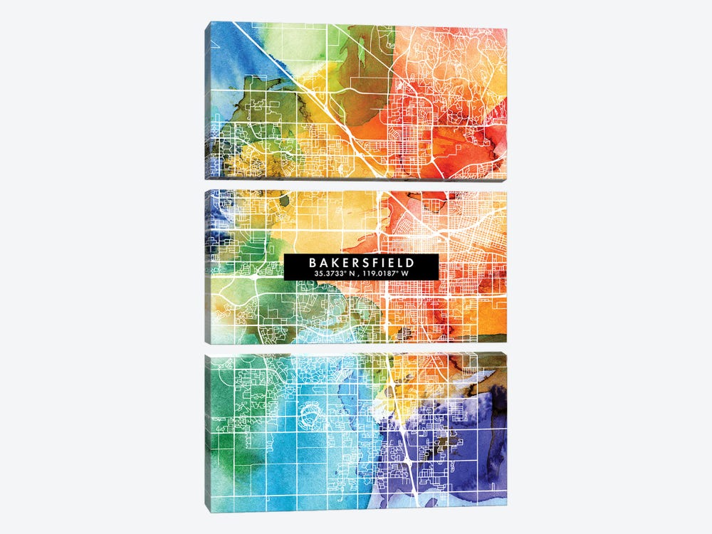 Bakersfield City Map Colorful Watercolor Style by WallDecorAddict 3-piece Art Print