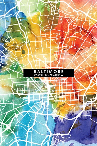 Baltimore City Map Colorful Watercolor Style by WallDecorAddict framed wall art