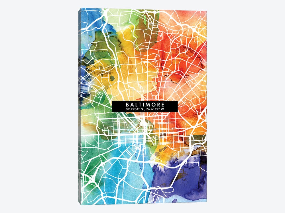 Baltimore City Map Colorful Watercolor Style by WallDecorAddict 1-piece Canvas Artwork