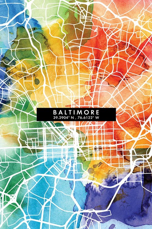 Baltimore City Map Colorful Watercolor Style by WallDecorAddict wall art