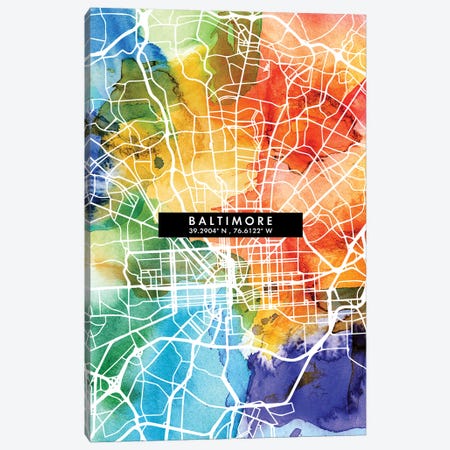 Baltimore City Map Colorful Watercolor Style Canvas Print #WDA1825} by WallDecorAddict Canvas Print