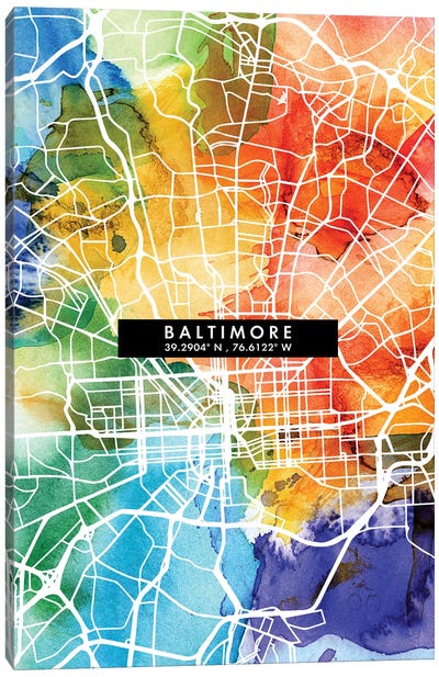 Baltimore City Map Colorful Watercolor Style Canvas Art Print - Maryland Art