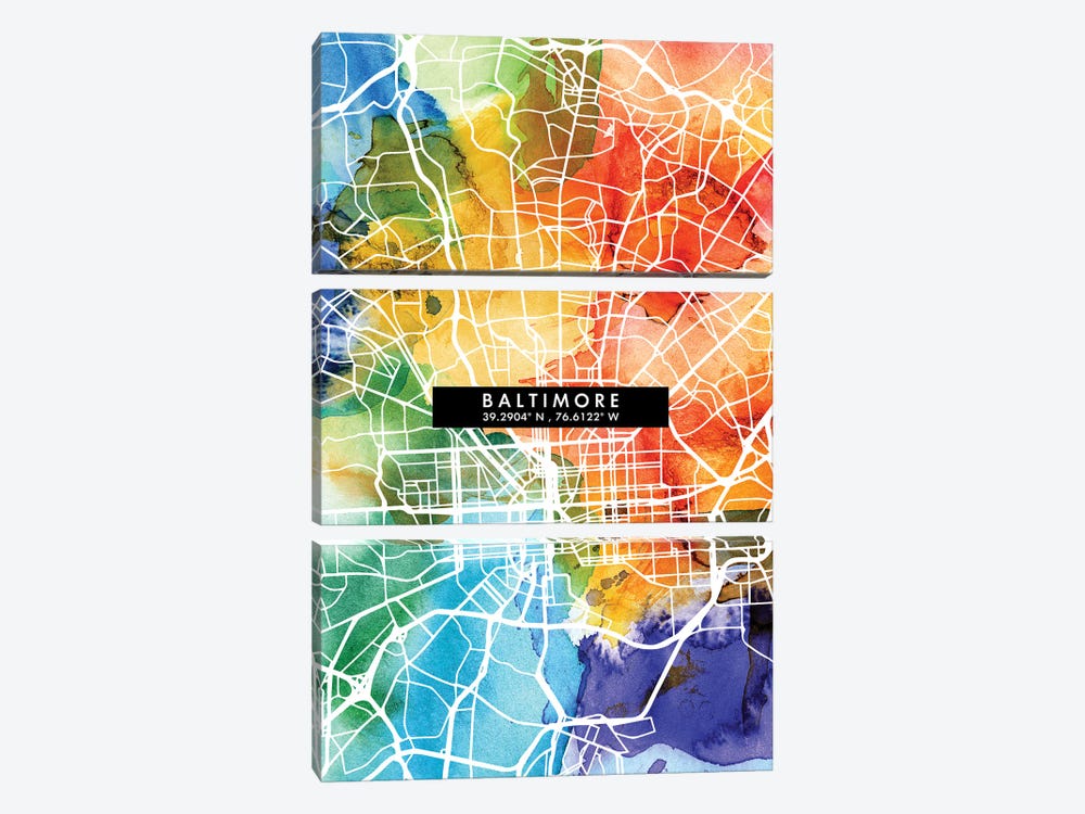 Baltimore City Map Colorful Watercolor Style 3-piece Canvas Art
