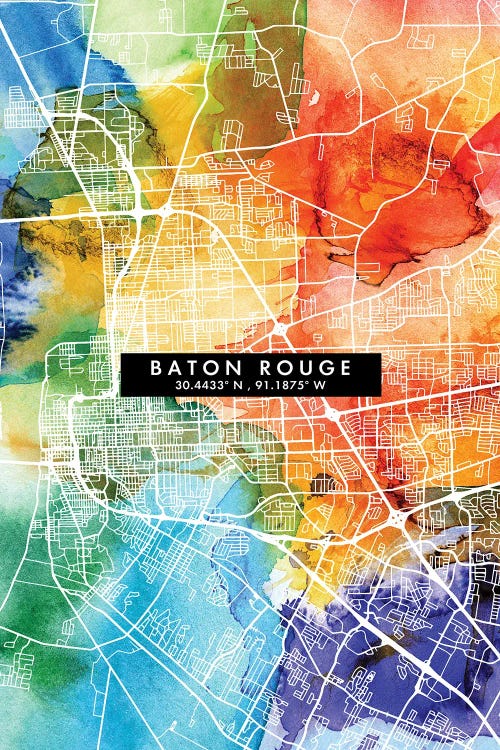 Baton Rouge City Map Colorful Watercolor Style by WallDecorAddict wall art