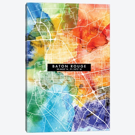 Baton Rouge City Map Colorful Watercolor Style Canvas Print #WDA1826} by WallDecorAddict Canvas Art Print