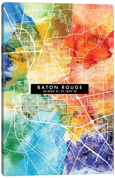 Baton Rouge City Map Colorful Watercolor Style Canvas Art Print