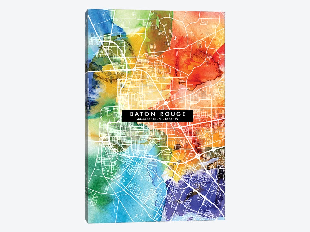 Baton Rouge City Map Colorful Watercolor Style by WallDecorAddict 1-piece Canvas Art Print