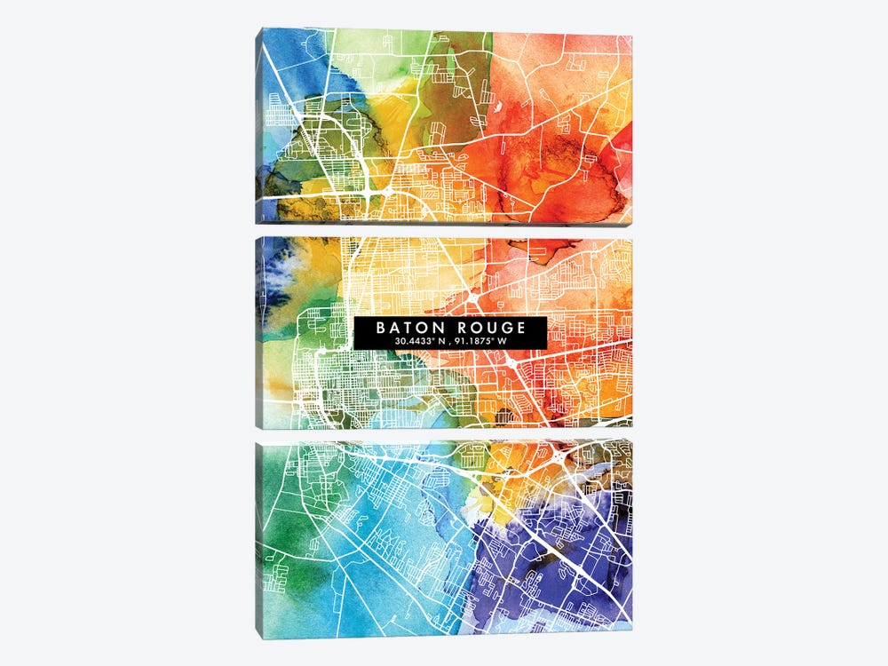 Baton Rouge City Map Colorful Watercolor Style by WallDecorAddict 3-piece Art Print